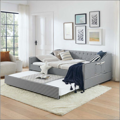 Lit de jour, lit de jour convertible rembourré avec dossier capitonné, canapé-lit polyvalent 3 en 1 avec lit gigogne escamotable et rangement latéral, parfait pour une vie compacte