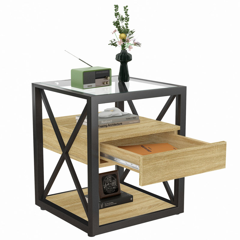 Table de bout avec plateau en verre trempé et tiroir, Naturel