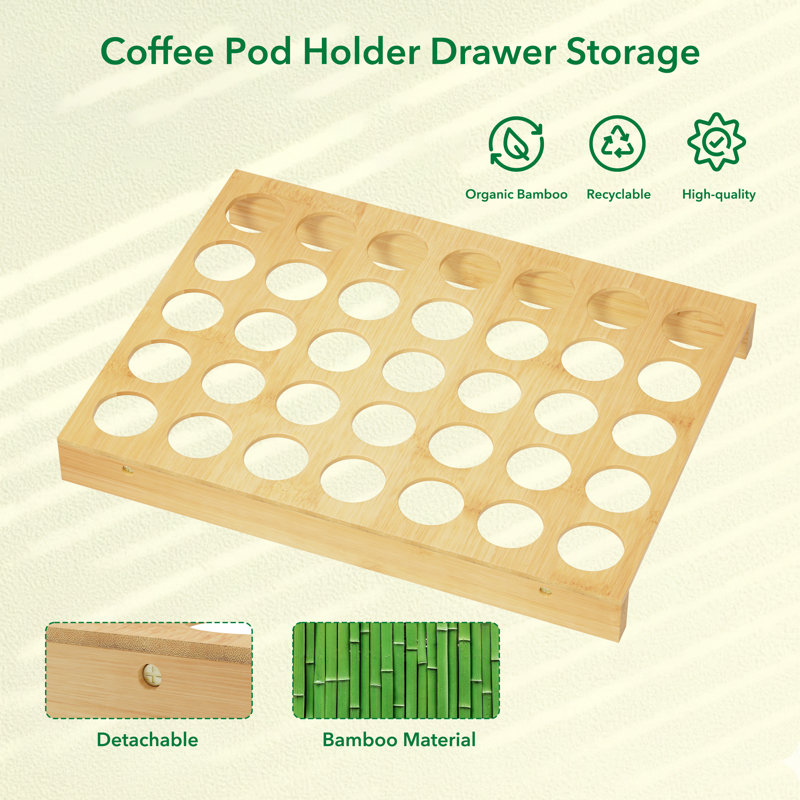 Bamboo K Cup Drawer Organizer Insert, 35 Slots Coffee Pod Holder Tray for Kcup Coffee Station and Kitchen Drawer Storage