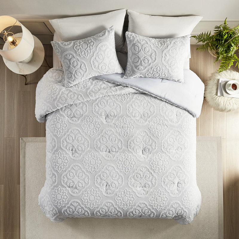 Édredon 3 pièces pour très grand lit / très grand lit - Motif médaillon, blanc et gris avec rembourrage doux et rembourré