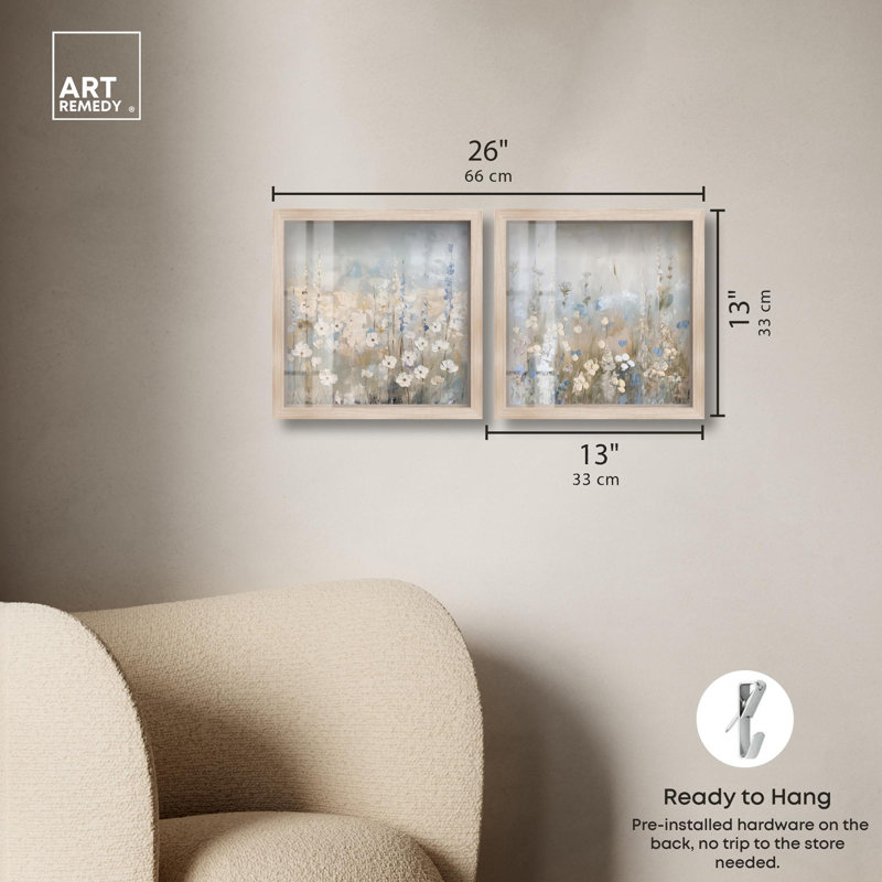 «Tranquility Floral Art», ensemble de 2 panneaux par Shadowbox , H 13 po x l 13 po, Crème, crème