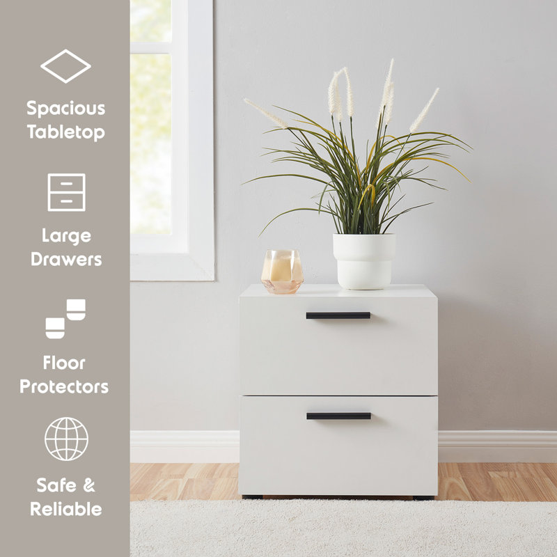 White Chipboard 2-Drawer Nightstand with Black Handles