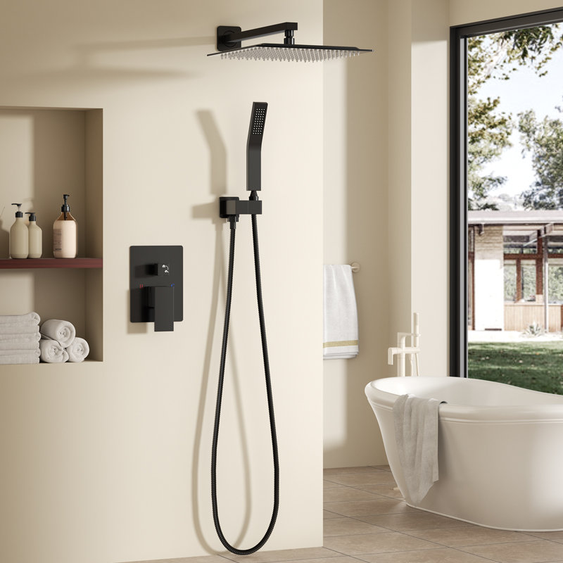 Wall Mounted Shower System with 12-Inch Raincan Shower Head and Handheld Shower Combo, Black, 12 in
