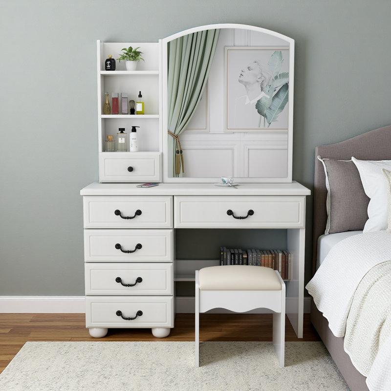 6-drawer Vanity Desk With Led Lighted Mirror - Adjustable 3-color Lighting Makeup Table With Storage Shelves, White Dressing Table Set