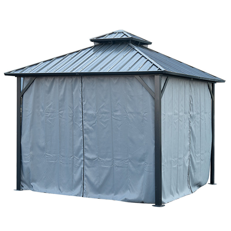 Pavillon de jardin 10 pi x 10 pi avec toit double en acier galvanisé, structure en aluminium robuste, rideaux et filet pour patio