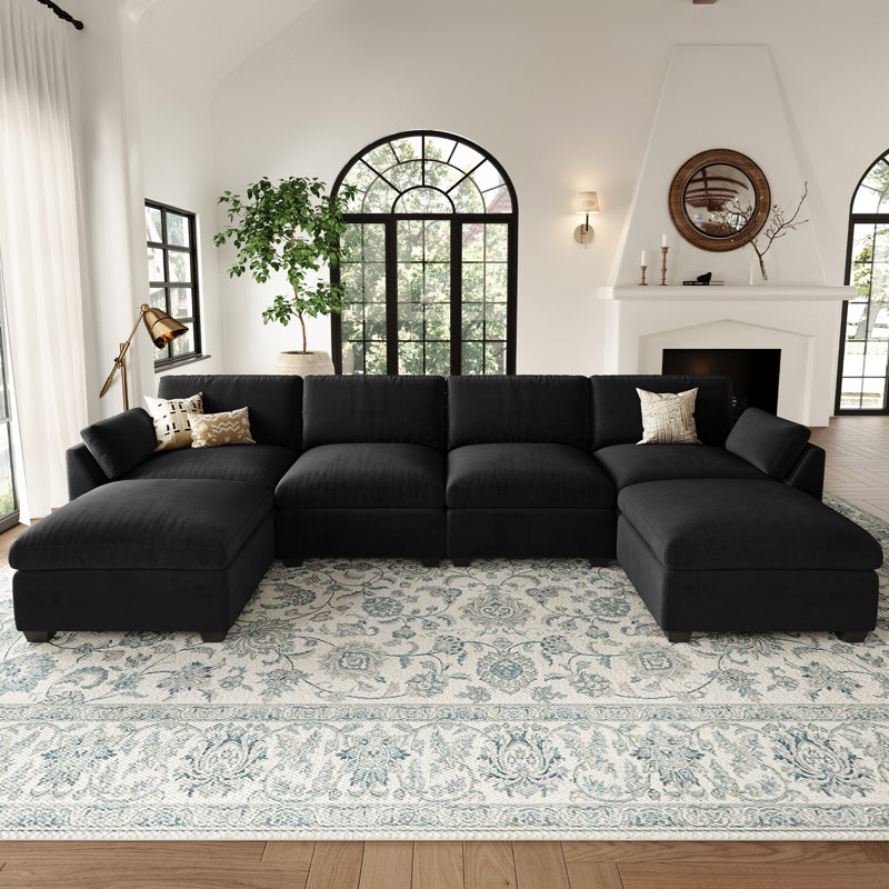 Canapé modulaire large en velours et moelleux avec repose-pieds, canapé de salon en forme de L, Velours noir