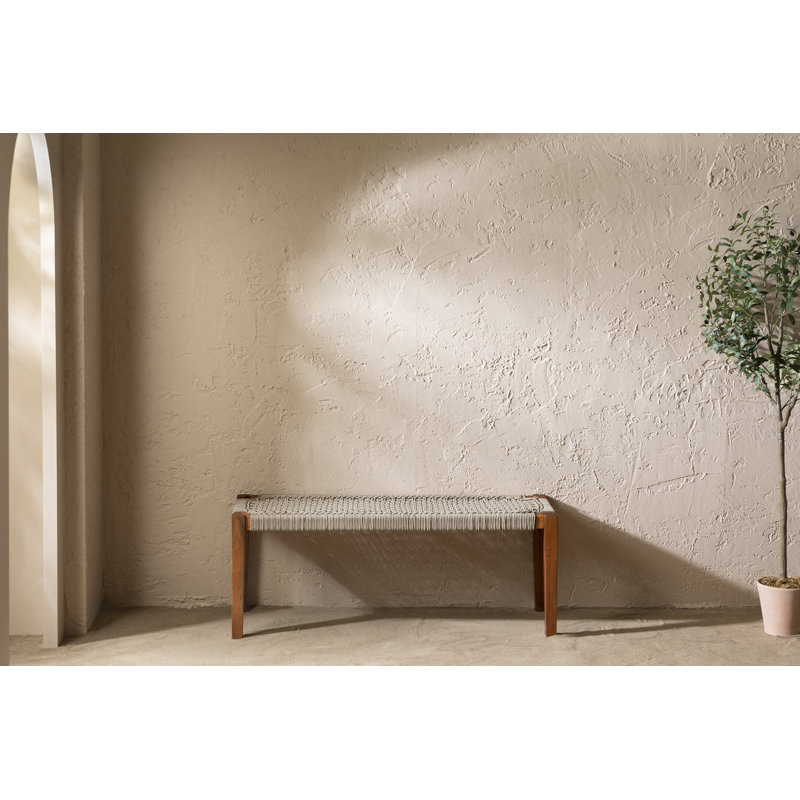 Beige and Natural Acacia Wood and Rope Bench