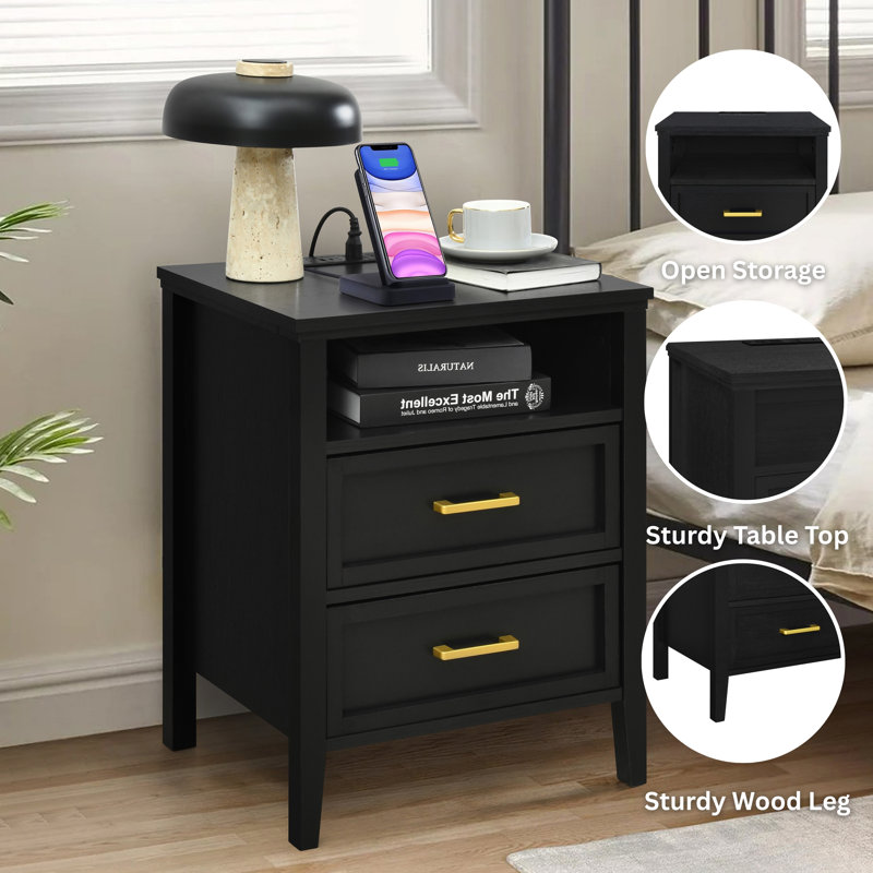 Ensemble de 2 tables de chevet avec station de charge, table de chevet avec tiroirs de rangement Stanley, table de chevet pour la chambre à coucher, table de bout ou table d'appoint pour le salon Stanley, P 15,5 po x l 18,9 po x H 24 po, noir