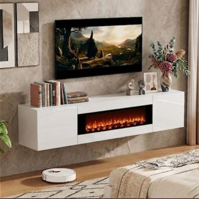 Meuble télé 70 po, centre de divertissement flottant avec armoires de rangement, pour téléviseur de 80 po ou moins, blanc / noir / gris