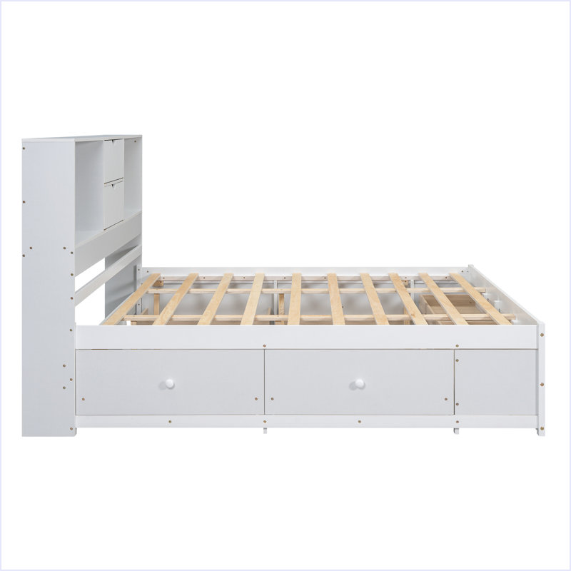 Lit plateforme avec tête de lit avec rangement et 8 tiroirs, Blanc / Blanc, Roi