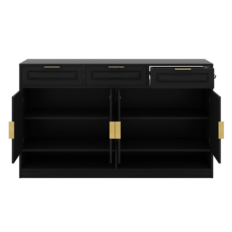 59.1" Sideboard Buffet With 3 Drawers & 4 Doors, Storage Cabinet With Adjustable Shelf & Open Compartments, Buffet Table