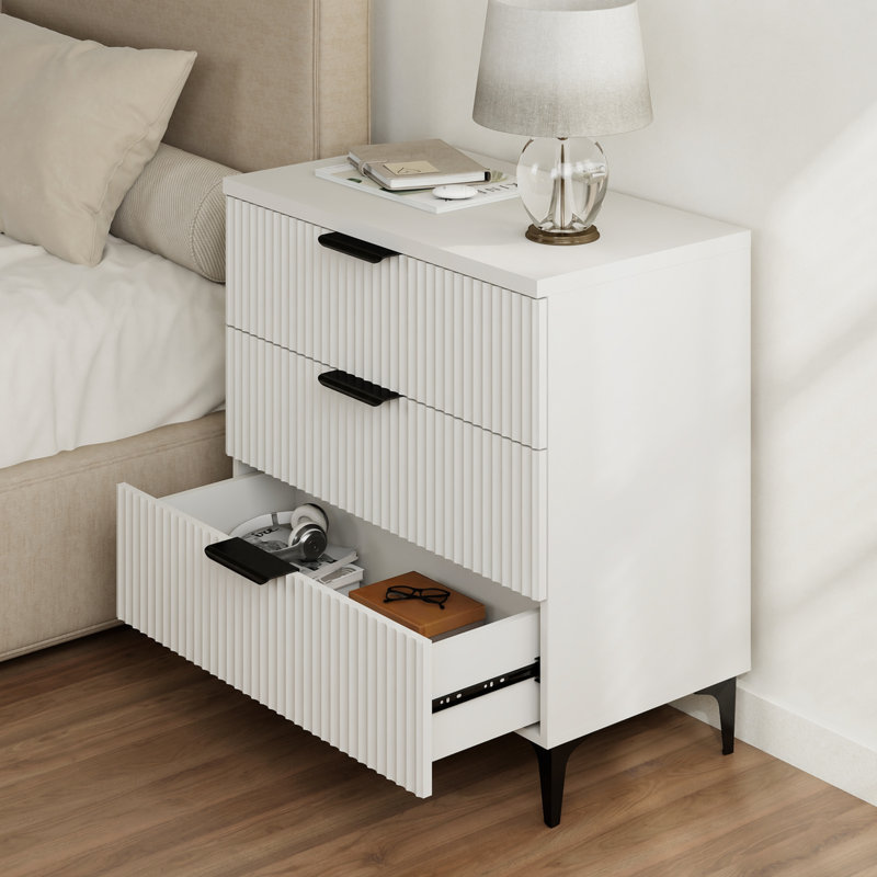 Ensemble de 2 tables de chevet modernes en bois cannelé avec 3 tiroirs, l 25,6 po x P 13,8 po x H 29,5 po, blanc, White