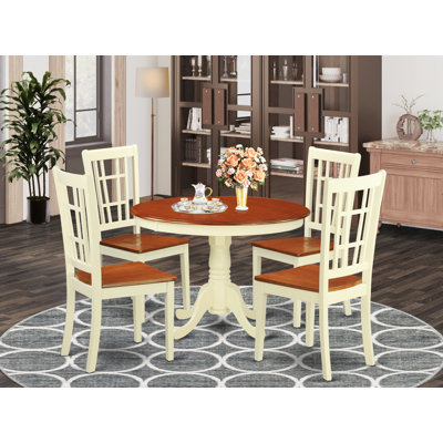 5 Piece Dining Room Furniture Set Includes a Round Dining Table with Pedestal and 4 Wood Seat Chairs, Buttermilk & Cherry