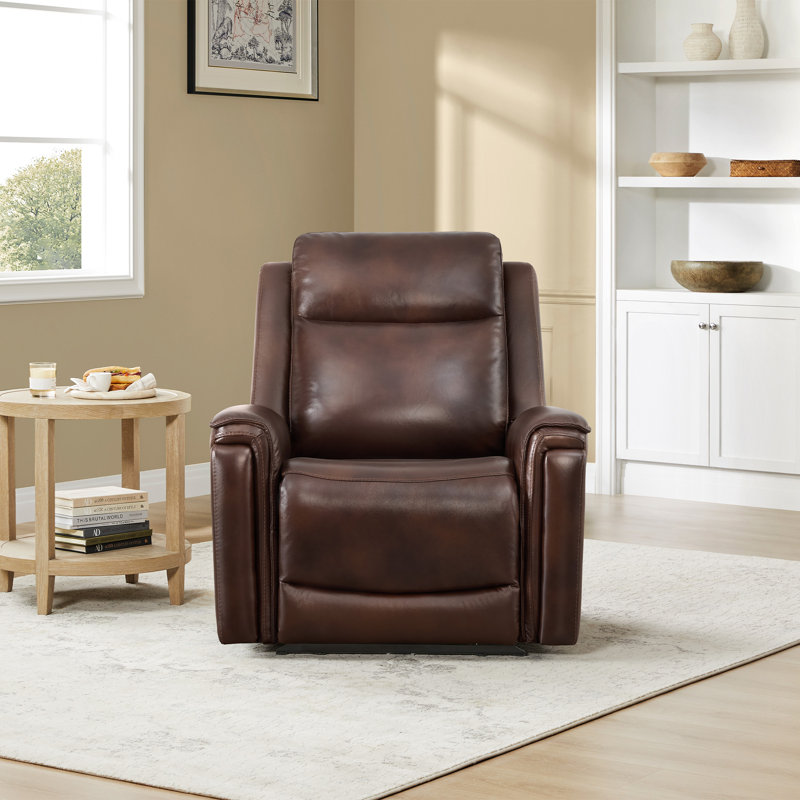 Fauteuil inclinable électrique en cuir véritable avec appui-tête réglable, Cognac