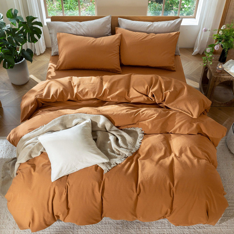 MooMee Lightweight Duvet Cover Set with Zipper Closure 8 Ties 100% Washed Cotton Linen Like Textured Soft Breathable All-Season