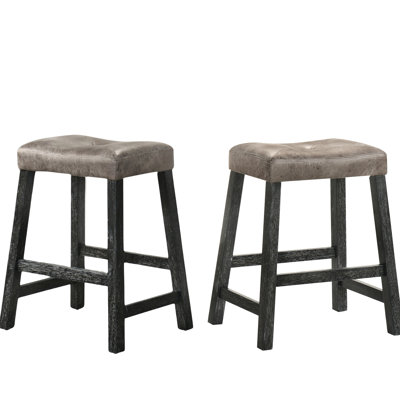 Tabouret rustique en bois de 25 po avec siège en cuir brun et comptoir rustique sans dossier, idéal pour la cuisine et le bar