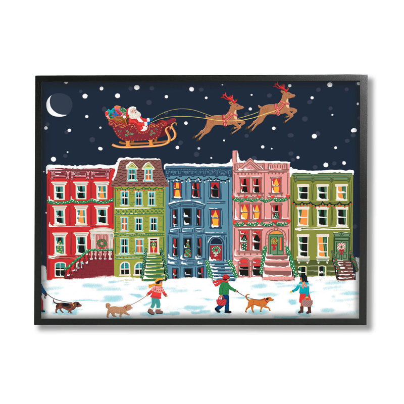 Snowy Christmas Town Santa at-247, Giclée encadrée noir minuit, H 16 po x l 20 po x P 1,5 po