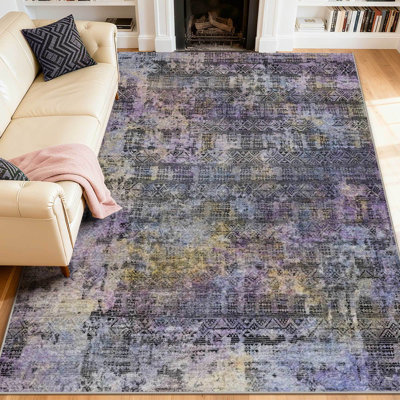 Washable Abstract Rug Ombre Distressed Non Slip Stain Resistant Low Pile Indoor Carpet