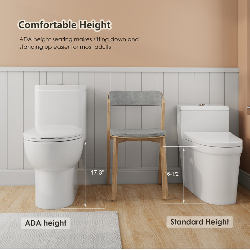 One-Piece Dual Flush Toilet, 12" Rough-in ADA Height 17", 1.1/1.6 GPF, Gloss White, Glossy White