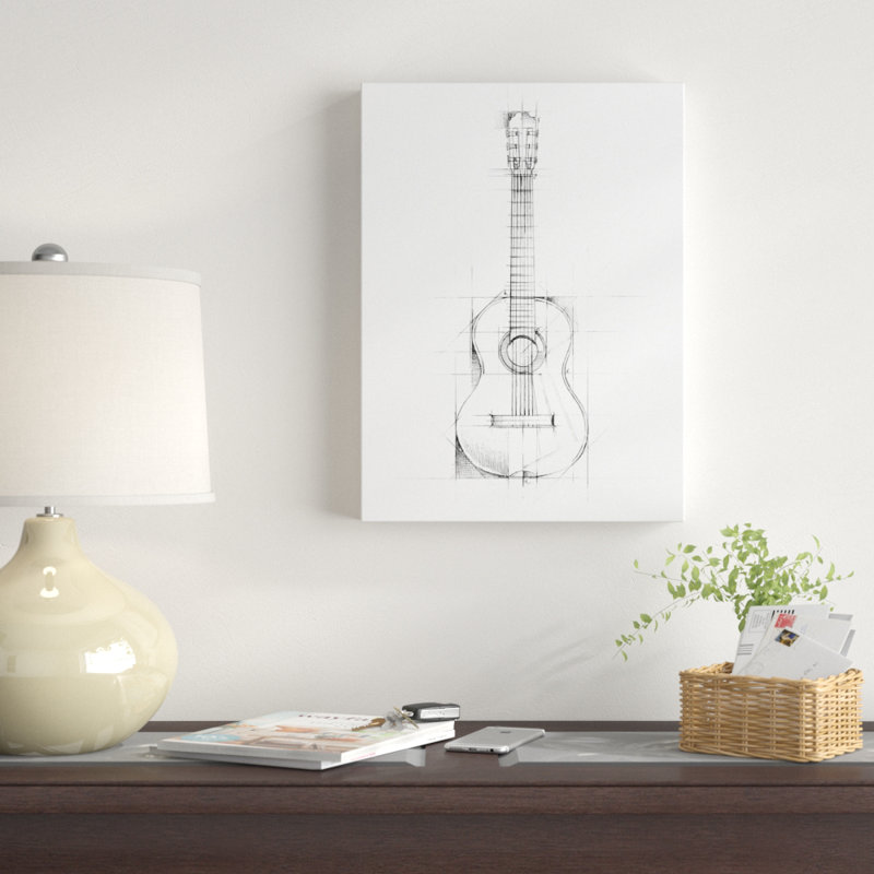 « guitare sketch », reproduction de peinture à l’aquarelle sur toile tendue, H 19 po x l 14 po x P 2 po