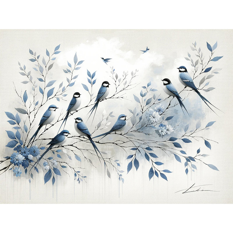 «Blue Birds on Branch with Floral Accents», art mural sur toile tendue, H 24 po x l 36 po x P 1,5 po