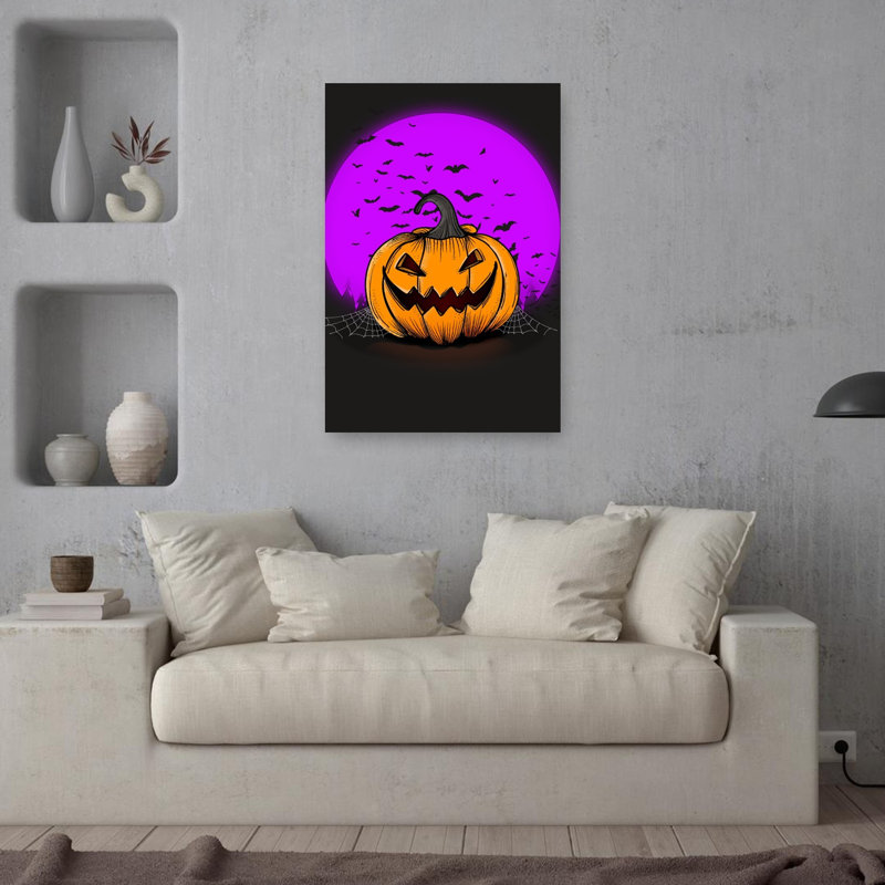 Impression d'art mural abstrait contemporain représentant un paysage de forêt de chauves-souris et d'araignées dans une nuit d'Halloween effrayante