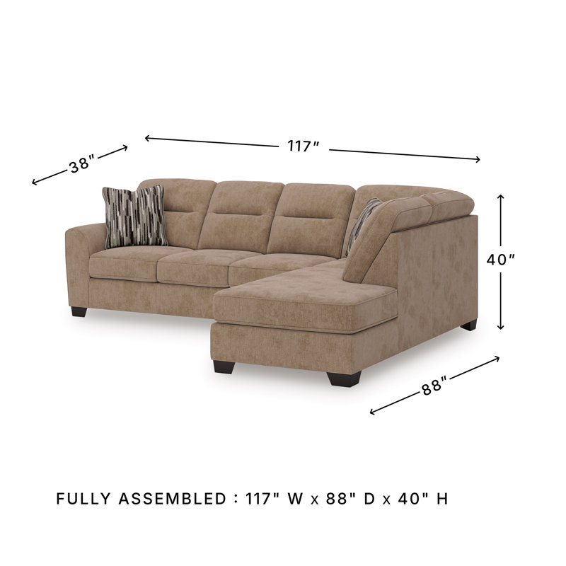 Canapé modulaire 2 pièces avec méridienne Massie, Polyester brun, Orienté à droite