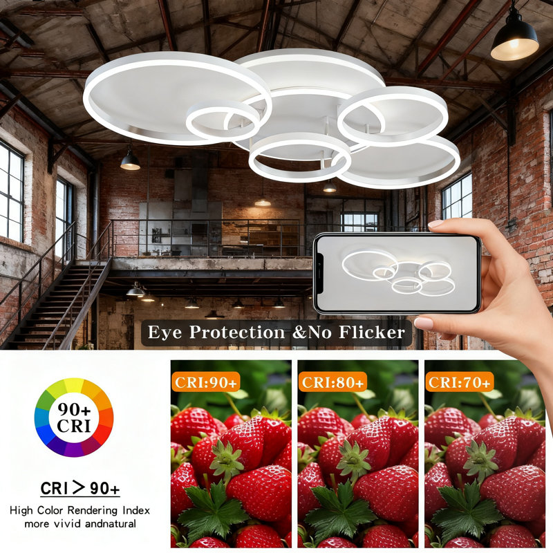 47-Inch Modern LED Flush Mount Ceiling Light Fixture Dimmable 6-Ring Remote Control Lighting For Kitchen Dining Room Bedroom Living Room