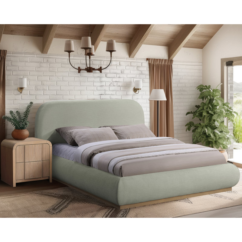 Humayrah Upholstered Panel Bed, Full/Double, Mint Chenille Fabric / Stained Natural