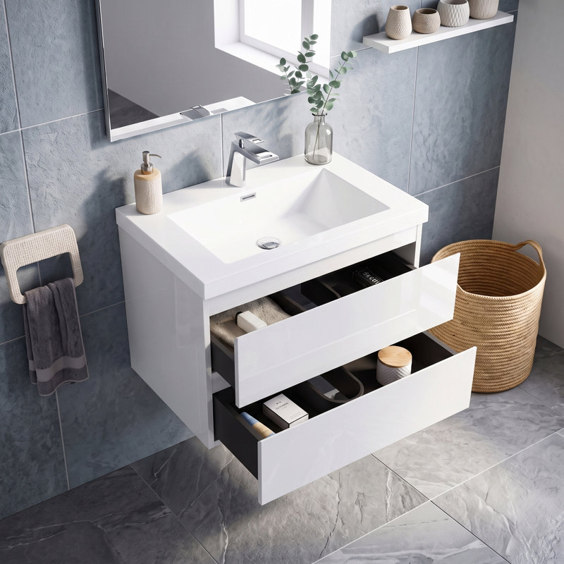Meuble-lavabo suspendu de 76 cm (30 po), armoire en mélamine de bois avec lavabo intégré en résine et carbonate de calcium