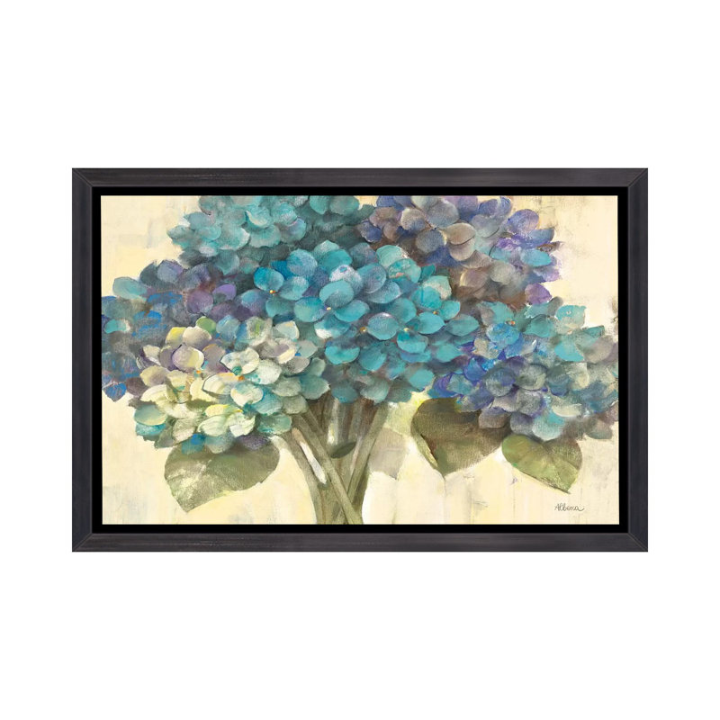 Turquoise hortensia par Albena Hristova - reproduction d'art, H 40 po x l 60 po x 1,5 po, Toile avec cadre noir patiné