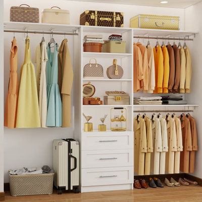 Tour pour garde-robe 96 po avec 3 tiroirs en bois, 3 tringles extensibles et tablettes réglables, coupe sur mesure 4 à 8 pi, robuste