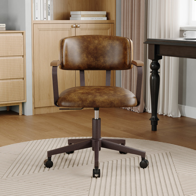 Mid-Century Modern Faux Leather Office Chair with Wood Accents, Adjustable Height Task Chair, Brown