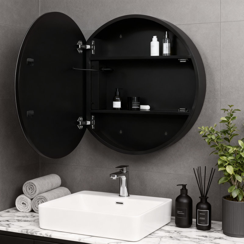 Round LED Medicine Cabinet with Mirror, 28", Black, Round