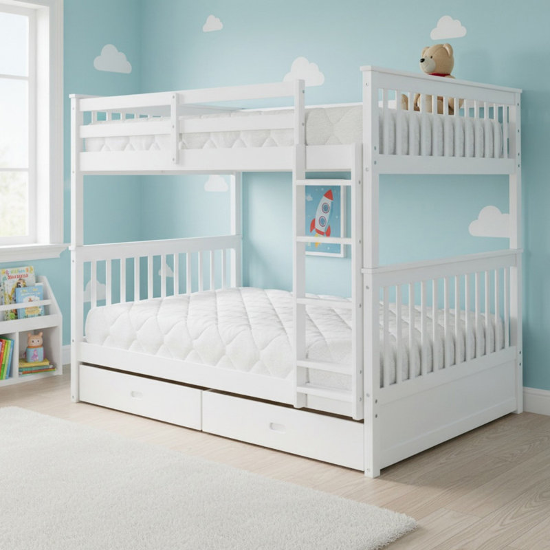 Solid Wood Full Over Full Bunk Bed with Ladders and 2 Storage Drawers for Boys& Girls, White, Full Over Full