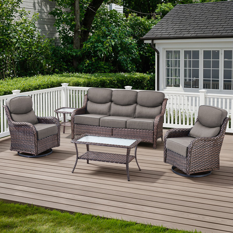 5-Piece Outdoor Wicker Patio Thick Cushion Sofa And Swivel Chairs Set With Coffee Table, Brown, Gray