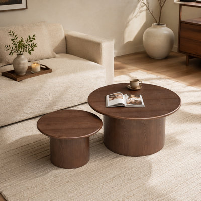 Ensemble de 2 tables basses, table basse ronde en panneau de fibres à densité moyenne pour salon, appartement et espace de loisirs noyer