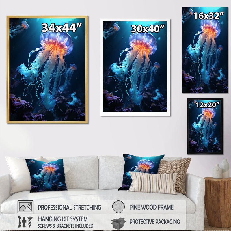 Jellyfish Luminescent Beauty I - Jellyfish Wall Art, H 44 po x l 34 po x P 1,5 po, Cadre flottant noir