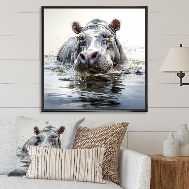Gris, majestueux Hippo Elegance III - hippopotame, art mural, H 36 po x l 36 po x P 1,5 po, Cadre flottant noir
