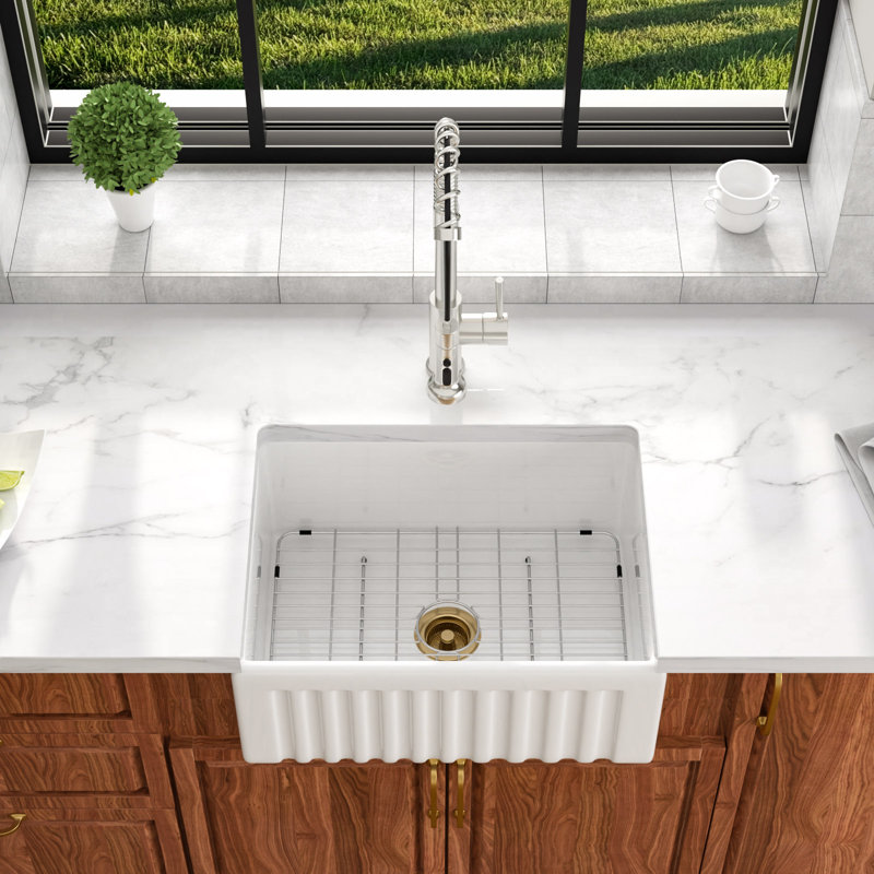 Fireclay 24" L x 18" W Farmhouse Kitchen Sink with Basket Strainer
