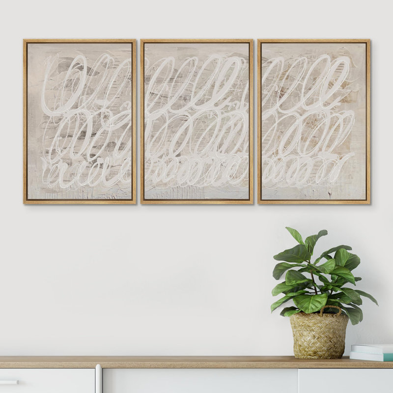 Linear Geometry " Abstract Elegance Modern Chic Scribble Illustration Modern Ultra " 3 Piece Art Print, Natural