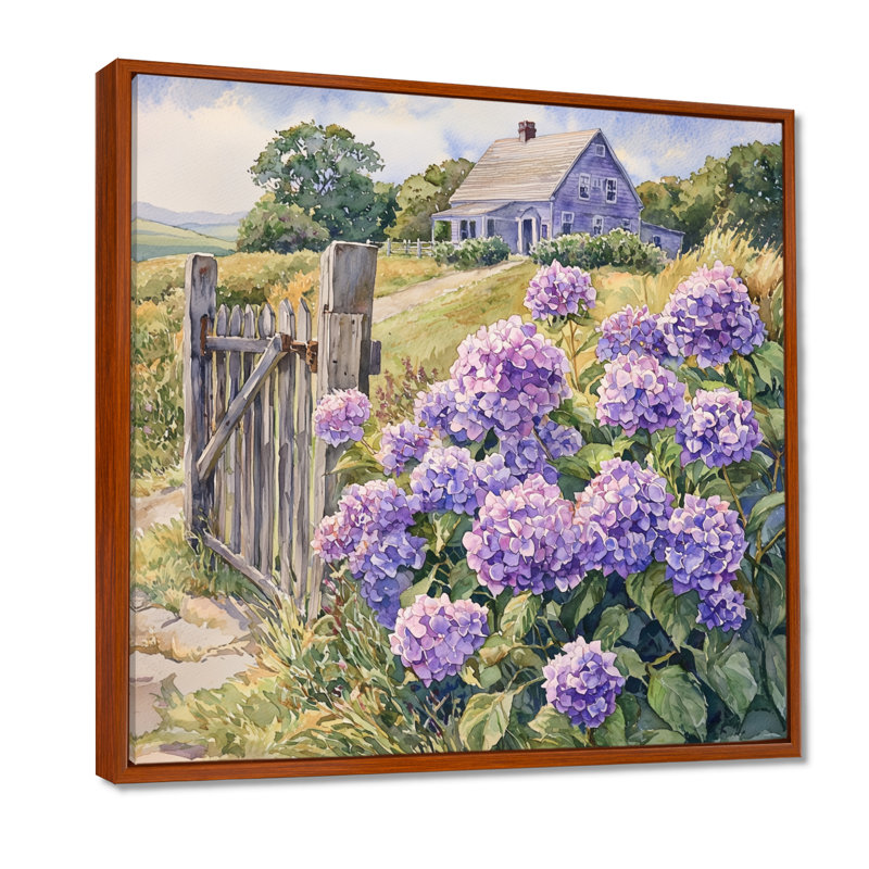 Hydrangeas by The Farmhouse Fence - Hydrangea, art mural encadré, H 30 po x l 30 po, Impression encadrée flottante, Brun