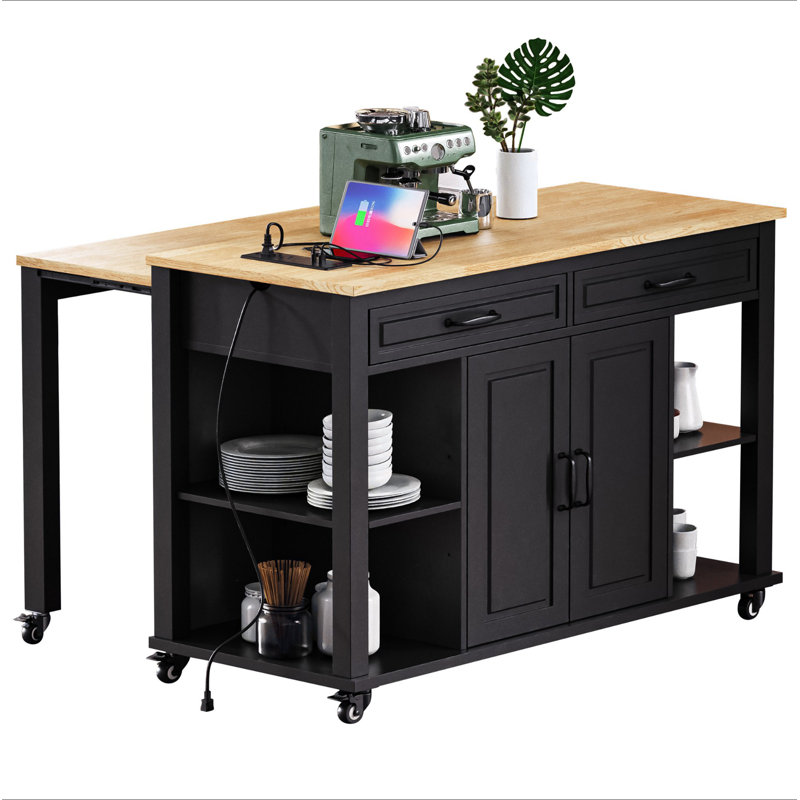 47 Inch Kitchen Island With Extendable Dining Table, Rubber Wood Veneer Kitchen Table With Internal Storage Rack, Power Outlet, Kitchen Island With Storage 2 Drawers 2 Cabinet
