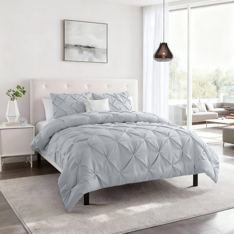 Aspire Homeware High Quality Microfiber Pintuck Design Duvet Cover With Pillowcases, Silver