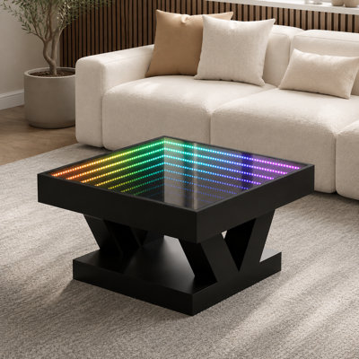 27.56in Modern 3D LED Infinity Mirror Coffee Table with RGB Lights, Storage and Tempered Glass Top, Black