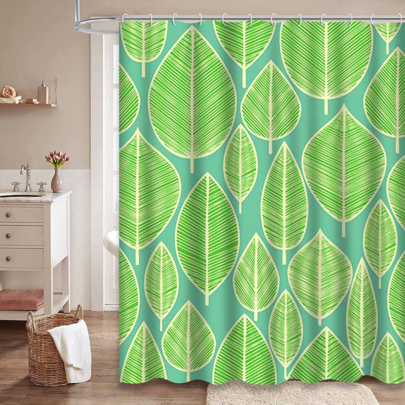 Rideau de douche sans soudure à feuilles vertes avec 12 crochets Doodle, L 72 po x l 84 po
