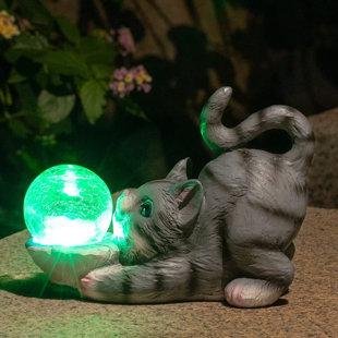 Figurine solaire d'extérieur pour chat avec éclairage de jardin et boule craquelée