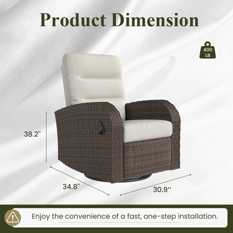 Ensemble de 2 fauteuils inclinables et pivotants en osier pour l'extérieur, Coussin beige / structure brune