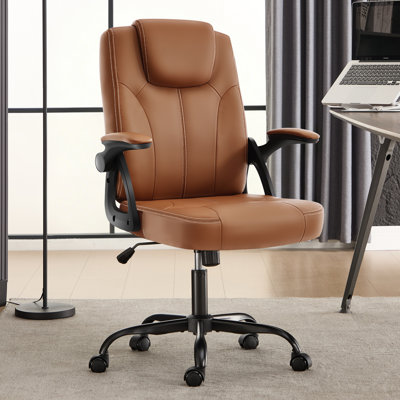 Executive Leather Office Chair, PU Task Chair with Flip-up Arms, Ergonomic PU Leather Computer Chairs, Comfy 360 ° Swivel Rolling Chair, for Study, Office, Brown