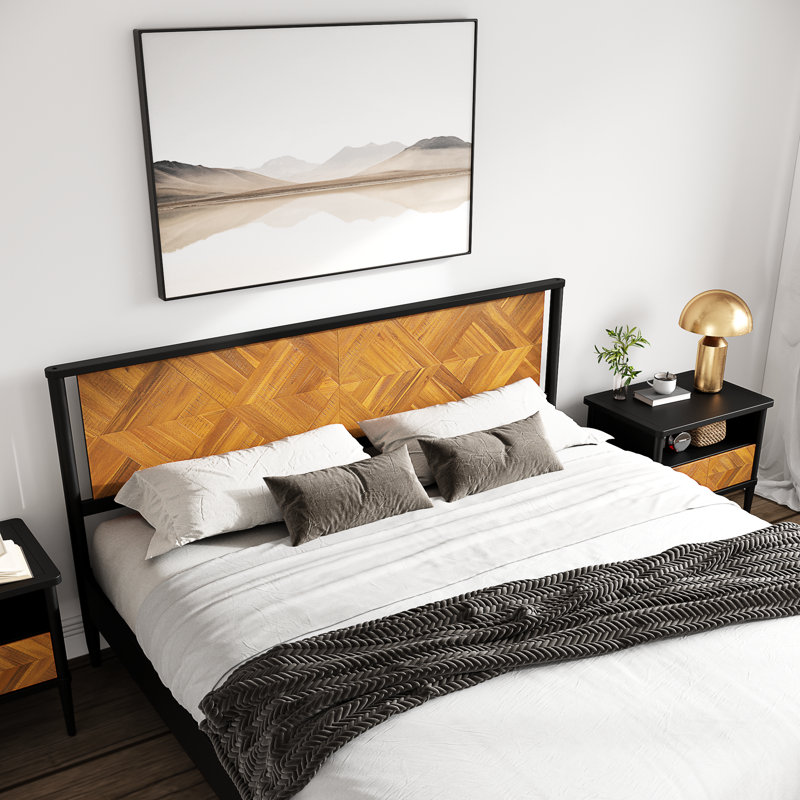 Cartlin Mid Century Modern Acacia Wood Platform Bed Frame with Artistic Chevron Headboard & Mystic Black Finish, 800lbs Heavy Duty, No Box Spring Needed